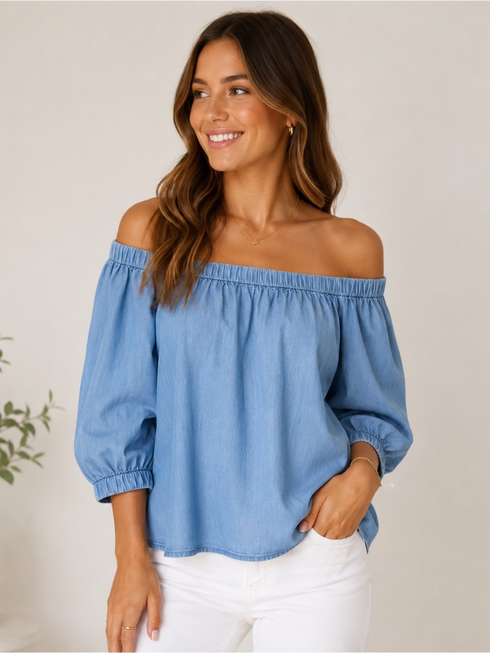 1250°C Blue Off Shoulder Chambray Denim Peasant Top Small Summer